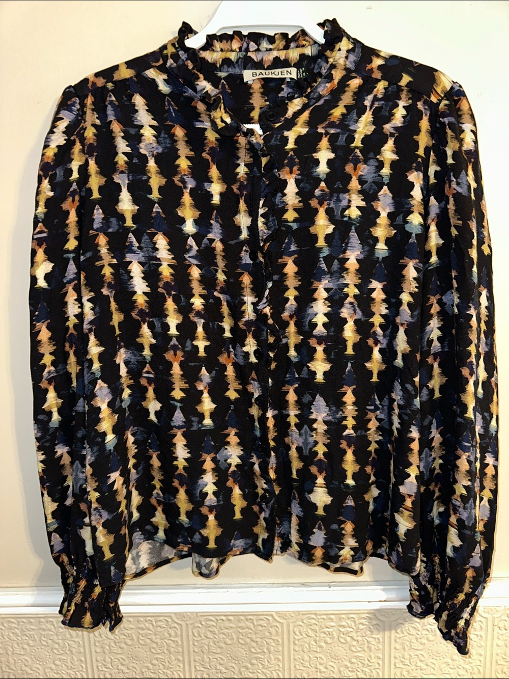 Baukjen Willow Frill Black Patterned Long-Sleeve Blouse